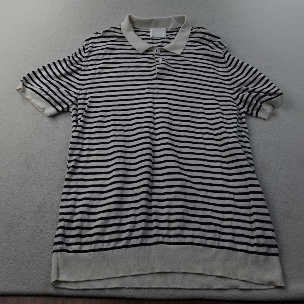 Handvaerk Polo Mens XL Ivory Navy Striped Knit Pima Cotton Short Sleeve